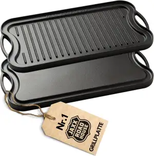 Gusseisen Grillplatte | Gussplatte zum Aufsetzen auf Holzkohlegrill/Gasgrill sowie Ofen und Herd | Plancha, Teppanyaki, Burger, Gemüse | 50,5x26x2,5cm