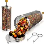 Rollendes Grillkorb Set Edelstahl 304Nestbar Grillzubehör mit Abnehmbarer Holzgriff, Perfektes Männer Geschenk für Vater Mutter Freund, Outdoor Küche Zubehör Grill Gemüse Meeresfrüchte Garten Camping