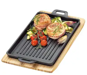 Küchenprofi BBQ Grillpfanne Gusseisen gerillt auf Holzbrett, eckig, 32 x 22 x 3,5 cm, Feuerstelle, alle Herdarten inkl. Induktion, Servierpfanne 0305351026