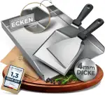 Grillplatte aus 4mm rostfreiem Edelstahl [40 x 30cm] - Plancha mit Grillspachtel Set & Burgerpapier - passend für Gas- & Kohlegrill - auslaufsichere Ecken für sauberes Grillen