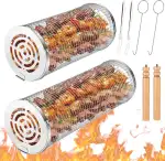 Rollendes Grillkorb, 2 Stück Rollender Grillkorb Edelstahl Zylindrisch, Grillnetzrohr mit Abnehmbarer Griff, BBQ Grillzubehör für Außengrill Gemüse Fisch Fleisch