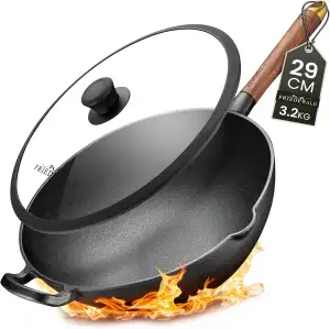 Friedewald® Gusseisen Wok mit Deckel - induktionsgeeignet - 29 cm/für 2-4 Person
