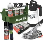 bio-chem Grill Reinigungsset und Pflege professionell Box 9-teilig: Rauchharzentferner 1L + Fettlöser 750ml + Anti-Haft Spray 200ml + Edelstahlreiniger 750 ml + Schaumsprüher + Zubehör