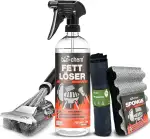 bio-chem Fettlöser Grillreiniger 750 ml inklusive Grillbürste, Reinigungsschwamm & Mikrofasertuch - Effektive Reinigung in Profi-Qualität - materialschonend für Jede Oberfläche, besonders Aluminium