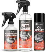 bio-chem Grillreiniger Set 3-teilig – Grill Reinigungsset für Gasgrill, Backofen & Edelstahl – Fettlöser, Rauchharz Entferner & Öl Spray – Grill wie neu ohne Schrubben