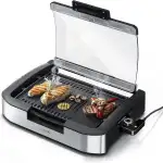 Arendo - Gourmet Tischgrill Elektrogrill Edelstahl - 1800 W - mit Glasabdeckung - für Balkon Garten Indoor - Antihaftbeschichtung - Temperaturregelung mit 5 Stufen - GS-zertifiziert - BPA-frei