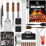 BBQ Grillbesteck Set 30 Grillzubehör aus Hochwertiger Edelstahl Grillzange Grillspachtel Korkenzieher Grillset mit Grillkoffer und Grillmatte für Männer Geschenk für Garten Camping Braun