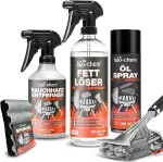 bio-chem Grillreiniger Set Premium 5-teilig – Grill Reinigungsset für Gasgrill, Backofen & Edelstahl – Fettlöser, Rauchharz Entferner, Öl Spray, Bürste & Schwamm – Grill wie neu ohne Schrubben