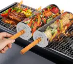 2 Stück Nestendes Rollendes Grillkorb Set mit Holzgriff (30 x 10cm), Grillnetzrohr für Den Außengrill für Gemüse, Edelstahl zylindrische für Outdoor Grill Grillzubehör-Werkzeuge Geschenke für Männer