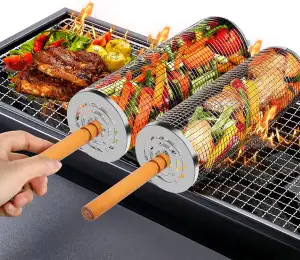 2 Stück Nestendes Rollendes Grillkorb Set mit Holzgriff (30 x 10cm), Grillnetzro