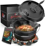 BBQ Dutch Oven [Das Original] - 7,4 Liter Dutch Oven Set mit Topfständer & 1,8 Liter Deckel mit Doppelfunktion zusätzlich als Grillpfanne nutzbar – inkl. Deckelheber und E-Book