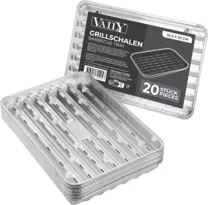 Vaily Alu Grillschalen Grillpfanne 20er Pack - Tropfschale Zubehör für BBQ, Camping und Küche - Aluschale für weniger Fett und Schmutz - 32,5 x 22 cm