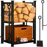 Amagabeli Kaminholzständer mit 4 Werkzeugen, 72 x 46 x 30 cm, für den Innen- und Außenbereich, großes Fassungsvermögen, Kaminwerkzeug-Set, Brennholz, Werkzeug, Lagerregal
