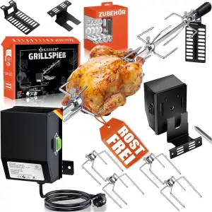 KESSER® Edelstahl Grillspieß Set 107cm passend für Weber Spirit Gasgrill, BBQ Fleischklammer, Griffstück und Motor Elektrischer Drehspieß 220V- 240V, Inkl. 4X Fleischnadeln und Montagezubehör Schwarz
