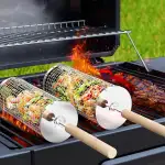 Nestbar Rollender Grillkorb, Abnehmbarer Holzgriff, Edelstahl 304, Outdoor Küche Grill Zubehör für Gemüse, Garten Camping Gadgets für Gasgrill, Geschenke Geburtstagsgeschenk für Männer Papa