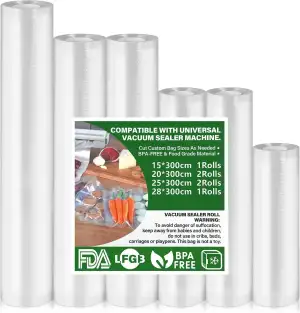 Vakuumierbeutel 6 Rollen Vakuumbeutel Lebensmittel 15|20|25|28x300cm, Vakuumierfolie für alle Vakuumiergerät, BPA-frei, reißfest, 190µm, Sous Vide Gefrierbeutel für alle Mikrowelle