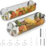 2 Stücke Edelstahl 304 Große Runde Grillkörbe mit Halterung und Reinigungsbürste, Rollender Grillkorb für Gemüse, Fisch, Gemüse, Geschenke für Männer/Papa