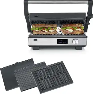 SEVERIN Kontaktgrill SEVINI FLEX, 3-in-1 Multikontaktgrill, hochwertige Keramikbeschichtung, XL-Grillfläche, spülmaschinengeeignete Grillplatten, Burger, Panini, 2000W, schwarz/Edelstahl, KG 2380