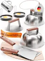 Smash Burger Master-Set XXL [9-TLG.] Edelstahl mit Akazienholz-Griffen für Plancha, Grillplatte, Gasgrill & Feuerplatte | 1x Smasher, 2X Burgerglocke, 1x Grillspachtel, 1x Grillwender & mehr