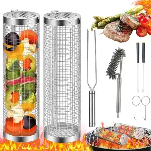 Grillkorb gemüse 2 Stück, Grill basket mit langstielige Gabel Zylindrischer Gril