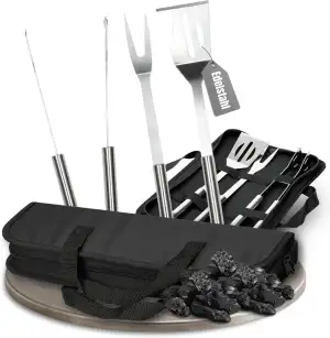 3er Grillset mit Tragetasche - Edelstahl Grillbesteck mit Grillzange, Grillgabel