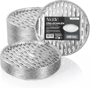 Vaily Alu Grillschalen Grillpfanne Rund 20er Pack - Tropfschale für BBQ, Camping und Küche - Aluschale für weniger Fett und Schmutz - Ø 34 cm