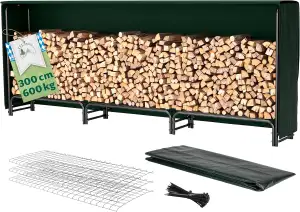 TTL GARDEN Kaminholzregal L 300x36x116cm schwarz mit Abdeckung - für aussen & in