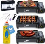 ZMC 2-in-1 tragbarer Gaskocher + Gasgrill Klein inkl. Zubehör, mit 4X Gaskartuschen, Campingkocher, mit Grillplatte + Grillrost, Tischgrill mit Tragekoffer, 3,8kg, Piezo-Zündung, für Outdoor, Balkon