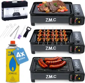 ZMC 2-in-1 tragbarer Gaskocher + Gasgrill Klein inkl. Zubehör, mit 4X Gaskartuschen, Campingkocher, mit Grillplatte + Grillrost, Tischgrill mit Tragekoffer, 3,8kg, Piezo-Zündung, für Outdoor, Balkon