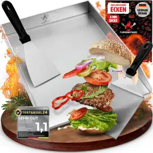 Plancha Grillplatte - All In Grillzubehör Set mit Grillspachtel & Grillschaber -