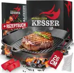 KESSER® Gusseisen Grillpfanne Induktion 26 cm | Gusseisenpfanne Bratpfanne | Cast Iron Pan für Gasgrill, Backofen, Kohlegrill | Steakpfanne | Inkl. Schutzgriffe, Rezeptbuch und Ringreiniger